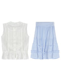 White Pear Water Hand-Scuttered Sky Silk Wisting Sky Sweet Top Blue Striped Wood Ear Half Skirt Set