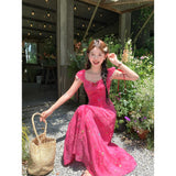 Rose Red Particularly Beautiful Thinch Waist Dress Summer Women 2025 New Light Luxury High-End Feeling Waist Slim Floral Dress