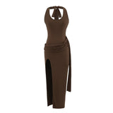 Strong Curry Hanging Neck Knitted Collar Dress Maid Sexyle Open Fork Bare Backpack Dress Dress Woman