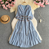 Vintage National Bubble Sleeve V-Neck Dress Women's Summer Embroidery Single-Caught Belt Design Temperament Long Dress