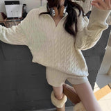 Autumn And Winter New Korean Version Of The Flip-Necked Slim POLO Knitted Sweater Shorts Fashion Set Shorts + Top