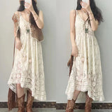 Romantic Languid Retro Hollow Tidal Lace Dress Tie Seaside Holiday Dress Beach Dress