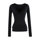Lace V Collar Inside The Bottom Shirt Women's New Low-Collar Pure Sexy Tea Art Long-Sleeved White Top