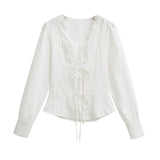 Sexy Pure Lust Style Lace Lace Design White Shirt Female Hottie Tied Door To Waist Temperament Long-Sleeved Top