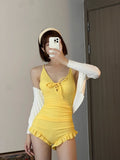 Milk Yellow Lace With Lotus Leaf Side Swimsuit Women Knitted Cardigan Two Sets Of Meat Cover Thin Hot Spring Holiday Swimsuit