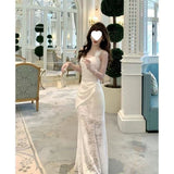 Temperament Pure Wind Irregular Lace Sling Dress Women Summer Waist Thin Holiday Wind Bag Hip Long Skirt