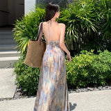French Retro Oil Painting Gentle Broken Flowers To Take The Sling Belt To The Waist Dress Seaside Holiday Dress Summer