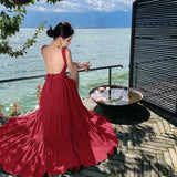 2025 Summer New French High-End Sexy Desex Strap V Tie Hanging Neck Seaside Holiday Big Swing Dress Woman