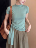 Korean Mint Green Tie Knitted Short-Sleeved T-Shirt Women's Summer High Sense Unique Beautiful Big Look Top