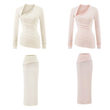 Kardashian Spice Girls New Waist Repair Irregular Long Sleeve Collar Blouse Flipped Hip Skirt Two-Piece