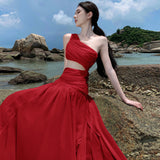 French Red Sloping Sleeveless Dress Women's Summer High-End Seaside Holiday Temperament Lanky Dress