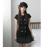 Korean Chic Summer New Retro Girl Polo Collar Double Buckle Waist Thin Short-Sleeved Shirt Top