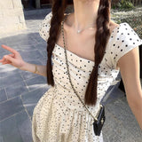 French Style Collar Wave Dot Small Flying Sleeve Dress Women Summer Waist A Word Skirt Gentle Style Temperament Holiday Dress