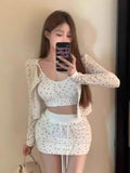 Spring Wear A Full Set Of Women's Long Sleeves Sleeve Sling Sling Vest Pure Hot Girl Casual Shorts Three-Piece Set