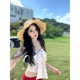 Vacation Red Dress Heat Neon Bow Small Broken Flower Age Reduction Set A Word Shoulder Girl Summer Short Skirt Two Sets