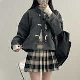 Korean Chic Autumn And Winter Retro Aging Horn Buckle Hood Loose Short Hair Coat Coat 3 Colors