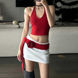 2026 Fried Street Suit Flower Belt Half-Dress Girl Summer Babes Hanging Neck Slings Net Red Dress Two-Piece