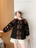 Spring 2025 New Women's Retro Solid Color National Style Embroidered Loose Lantern Sleeve Shirt Loose Top Woman