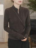 High-Level Fashion Casual Coffee Zippered Sweater Repair Slim Thin Temperament Trend Long-Sleeved Top