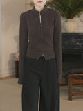High-Level Fashion Casual Coffee Zippered Sweater Repair Slim Thin Temperament Trend Long-Sleeved Top