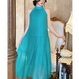 French Retro High-End Ink Painting Hanging Neck Dress Summer Loose Thin Sleeveless Fairy Vacation Long Skirt