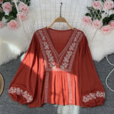 Vintage Ethnic Style Embroidered White Shirt Women's New Loose Casual Burse Shirt In The Spring And Fall Of 2025