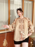 Spring 2025 New Women's Retro Solid Color National Style Embroidered Loose Lantern Sleeve Shirt Loose Top Woman