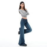 Vintage Blue Low-Waisted Micro-Horned Jeans Women Fall 2025 New Elastic Straights Without Leg Horn Pants