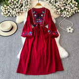 Seaside Holiday Dress Female Bohemian Beach Dress Super Fairy National Embroidery Lantern Sleeve Style Dress
