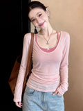Pink U-Neck Front Shoulder Sunscreen Long-Sleeved T-Shirt Women Summer With Slings Out Two Sets Of Tulle Air Conditioning Tops