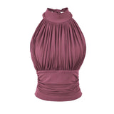 Korean Version Of Sexy Hottie Folded Short Folded Folded Body Shoulder Hanging Neck Vest Thin Solid Color Wearing T-Shirt New