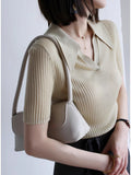 Sleeve Lyselle Summer Polo Collar Short-Sleeved Knitted Shirt Women's T-Shirt Simple Temperament Thin Top