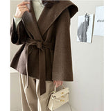 South Korea Dongdaemun Chic French Retro High-End Temperament With Small Hooded Loose Tying Coat
