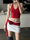 2026 Fried Street Suit Flower Belt Half-Dress Girl Summer Babes Hanging Neck Slings Net Red Dress Two-Piece
