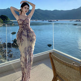 Purple Jade Pure Desire Net Yarn Flowers Hanging Dress Women Summer Super Fairy Seaside Holiday Dress