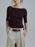 Temperament Retro Boatneck Seven-Sleeve T-Shirt For The Summer Of 2025 New Minimalist Commuter Top