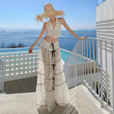 Tyrand Travel Vacation Wear Design Atmosphere Perspective Folded Neck Vest Open Back Skirt Suit