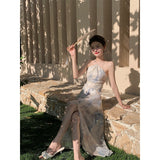 Hanging Neck Print Sling Dress Spring 2025 New Women's Chiffon Open-Back Skirt Tea Simple Color
