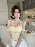 265# Human Cotton Pure Lust Wind Lace A Word Shoulder Hanging Neck Bow With Chest Cushion Small T-Shirt Girl Summer Hottie Wear