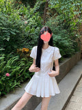 (Real Price) College Style White Short-Sleeved Shirt Dress Summer A Dress Small 100-Fold Short Skirt
