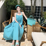 Seaside Holiday Style White Sling Dress Women Summer Sexy Bare Back Loose Skinny Beach Hanging Neck Long Skirt