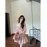 Pure-Style Pink Shoulder Chiffon Dress Autumn New French Temperament Short-Waist Lace Lantern Sleeve Skirt