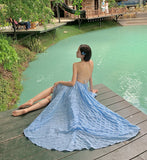 2025 Super Fairy Summer Wave Blue Pure Desire Holiday Windy Back Dress To Collect The Waist Thin Skirt Slings Long