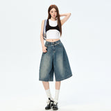 3016 Retro-Blue Retro Five-Point Trousers Shorts Men's Summer Loose Broad Leg Pants Spandex