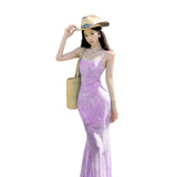 French Light Green Printed Mesh Sling Dress Women's Summer Seaside Vacation Pure Sexy Fishtail Ass And Hips