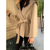South Korea Dongdaemun Chic French Retro High-End Temperament With Small Hooded Loose Tying Coat
