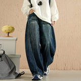 Cute Street Loose Broad Leg Three-Dimensional Cut-Shaped Water Wash Jeans Drag Floor Pants Nine-Point Trousers Length