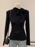 French Temperament Sense Bow Strap Design Long-Sleeved T-Shirt Women Winter Wind Chic Repair Bottom Top