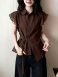 Design Sense Of The Color Small Clame Short-Sleeved Shirt Women Summer Small Man To Close The Waist Tied With Lotle Side Temperament Shoulder Coat
