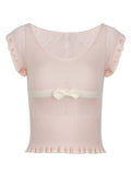 Powder Mint Thin Wool Bow Short-Sleeved Knitted Shirt Sweet Lace Top